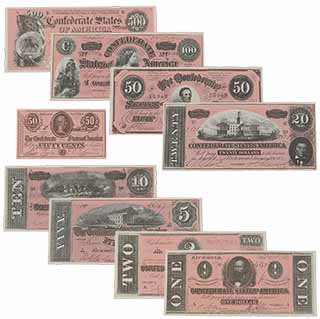 Confederate States Paper Money Set ,
reproduction of 9 bills from Feb. 17, 1864 Confederate States Paper Money Set ,
reproduction of 9 bills from Feb. 17, 1864